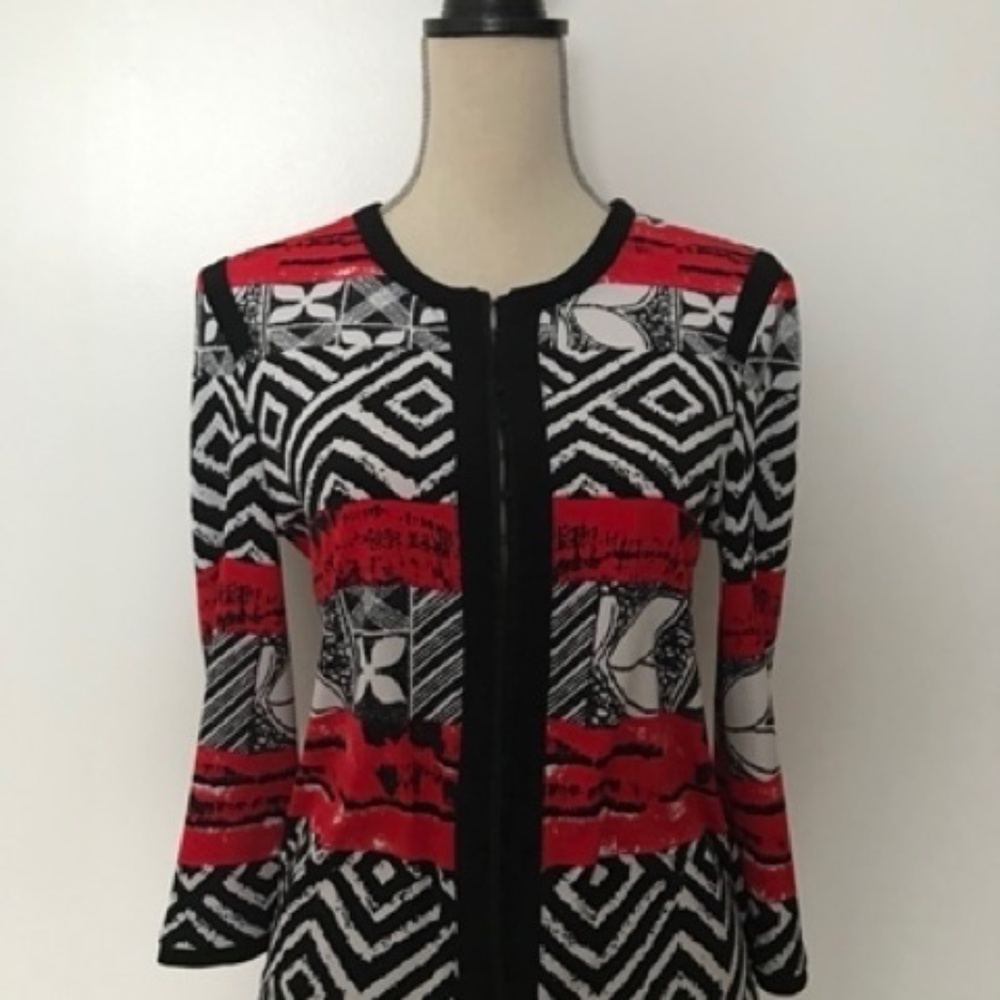 Joseph Ribkoff Red Geometric Zip-Front Cardigan Jacket